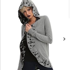 Hot Topic Gray & Black Music Note Hooded Cardigan Open Long Sleeve Sweater XS